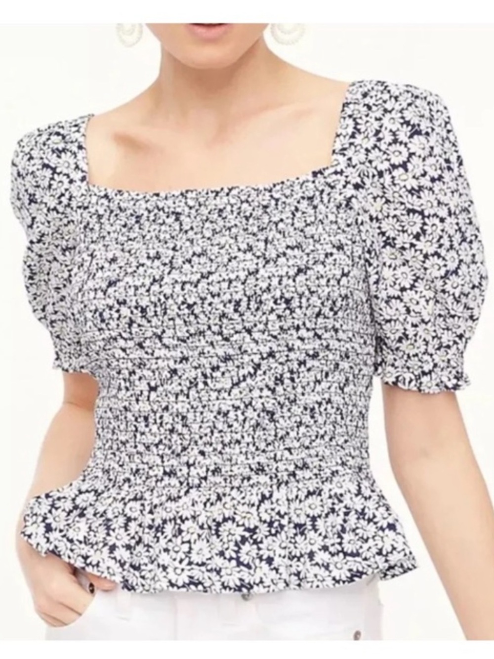 3/$20! J. Crew Navy and White Floral Smocked Square-Neck Top